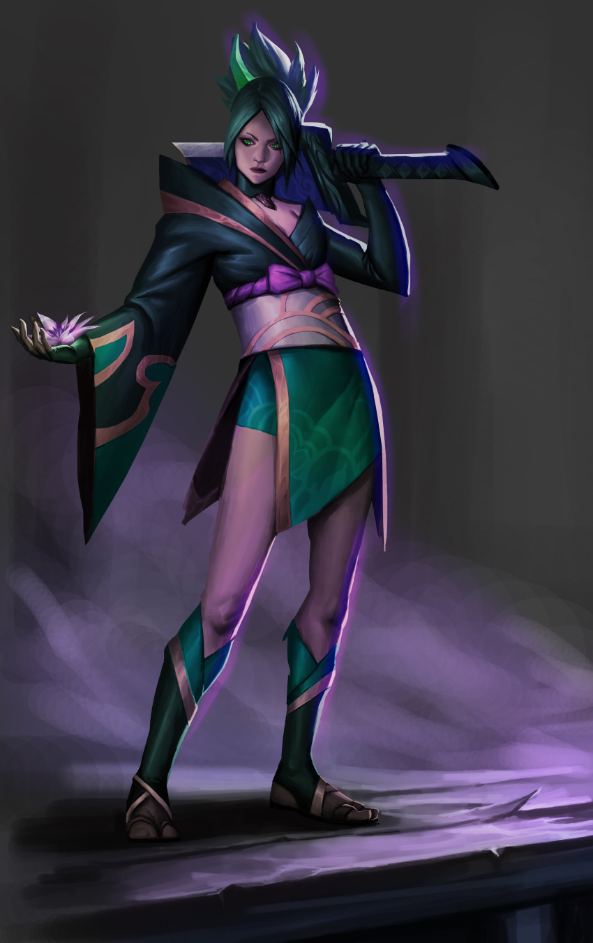 1girl, absurdres, alternate_color, bangs, black_kimono, bow, character_request, check_character, full_body, green_hair, green_kimono, highres, holding, holding_weapon, horns, japanese_clothes, kimono, kong_ling_hai, league_of_legends, long_sleeves, obi, over_shoulder, parted_bangs, pink_bow, riven_(league_of_legends), sash, single_bare_shoulder, single_horn, solo, spirit_blossom_riven, standing, weapon, weapon_over_shoulder, wide_sleeves