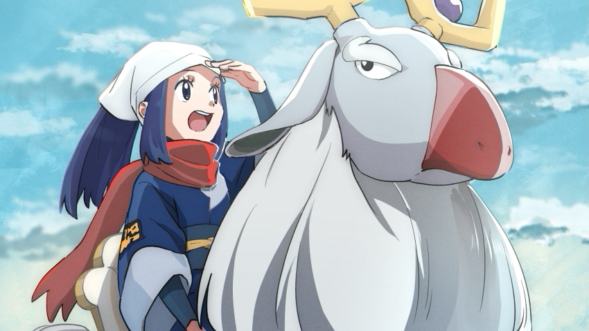 1girl, :d, akari_(pokemon), black_sash, black_shirt, blue_hair, blue_jacket, clouds
