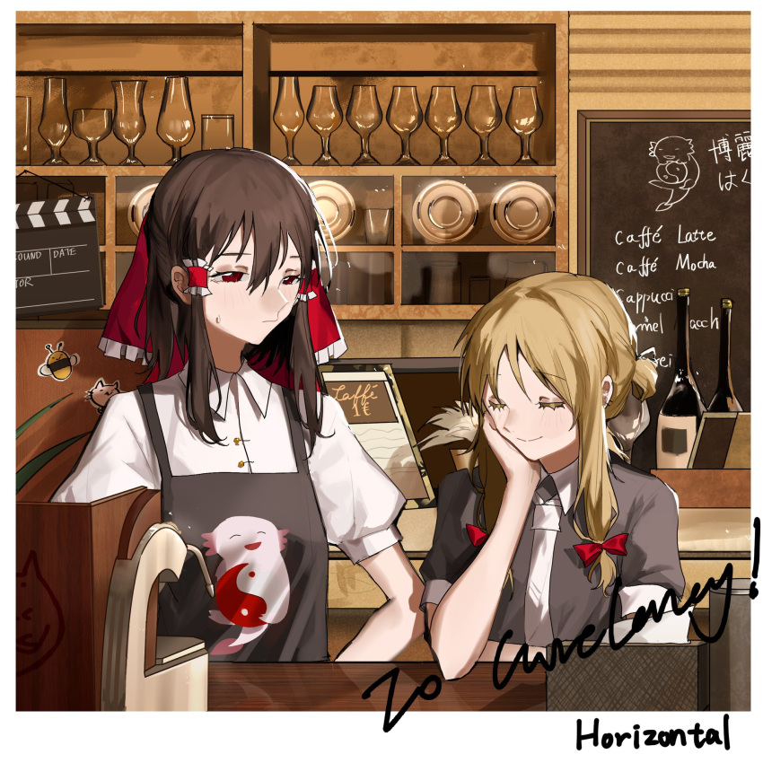 2girls, alternate_costume, apron, axolotl, axolotl_print, bangs, bar, black_apron