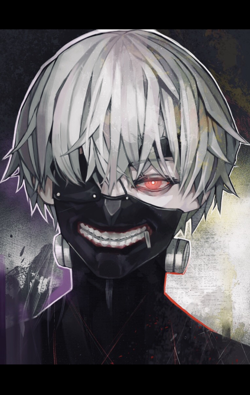 1boy, bangs, black_eyepatch, brown_background, eyepatch, gradient, gradient_background, grey_hair
