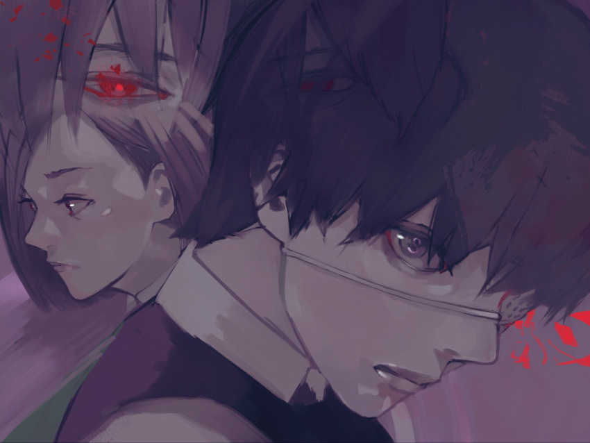 1boy, 2girls, bangs, character_request, closed_mouth, eyepatch, grey_background, highres