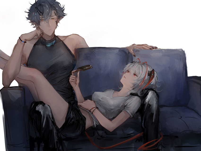1boy, 1girl, antenna_hair, arknights, bare_arms, bare_legs, bare_shoulders, black_hair