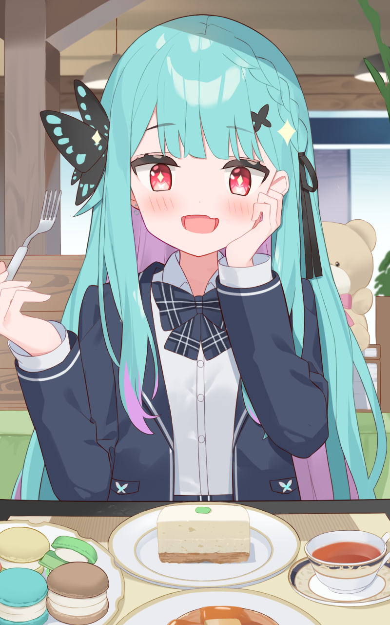 1girl, :d, bangs, black_ribbon, blue_bow, blue_bowtie, blue_jacket, blush