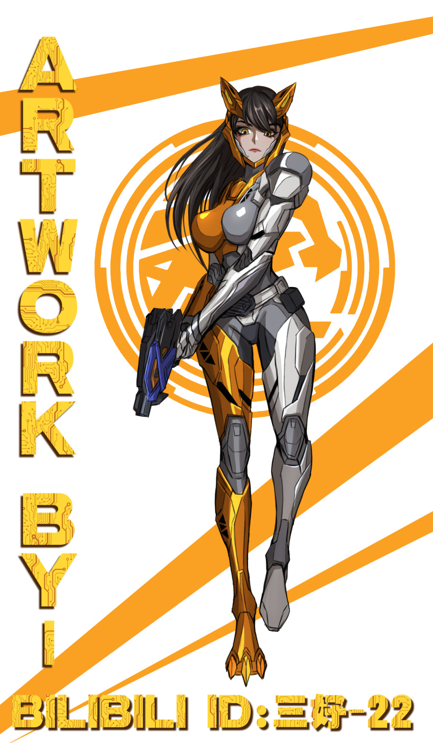 1girl, 3ok, absurdres, black_hair, english_text, gun, handgun, highres