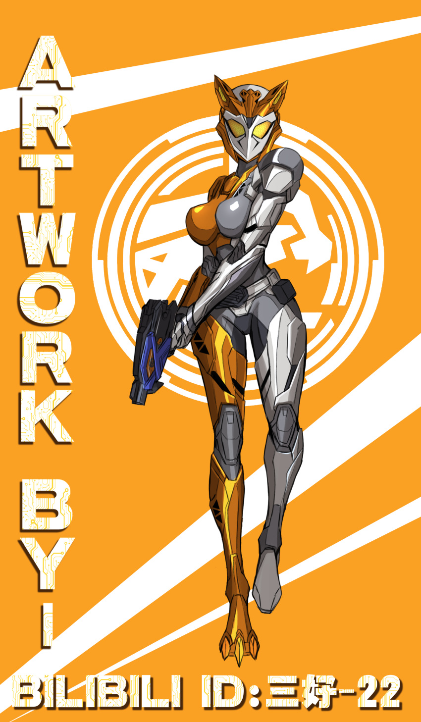 1girl, 3ok, absurdres, armor, english_text, gun, handgun, helmet