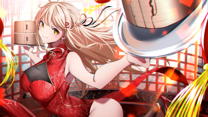 1girl, azarashi_(azrsot), bamboo_steamer, baozi, bare_arms, bare_shoulders, blonde_hair, braid, china_dress, chinese_clothes, cleavage_cutout, closed_mouth, clothing_cutout, commission, dress, eyelashes, food, groin, hair_ornament, hairclip, half_updo, highres, hkvtopia, holding, holding_tray, leaning_forward, long_hair, looking_at_viewer, mochitsugi_luna, red_dress, see-through, side_slit, skeb_commission, sleeveless, sleeveless_dress, smile, solo, tray, virtual_youtuber, yellow_eyes