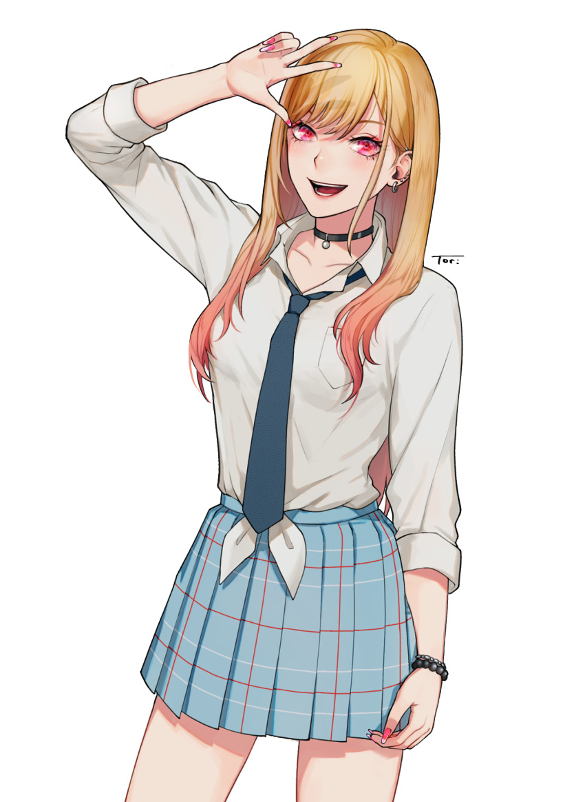 1girl, arm_up, bangs, bead_bracelet, beads, black_choker, blonde_hair, blue_necktie, blue_skirt, blurry, blurry_background, border, bracelet, breast_pocket, breasts, choker, collarbone, collared_shirt, dress_shirt, ear_piercing, earrings, eyebrows_behind_hair, fake_nails, gyaru, hair_behind_ear, highres, jewelry, kitagawa_marin, long_hair, medium_breasts, midriff, miniskirt, nail_polish, necktie, open_mouth, piercing, pink_nails, plaid, plaid_skirt, pleated_skirt, pocket, red_eyes, ring, school_uniform, shirt, signature, simple_background, skirt, sono_bisque_doll_wa_koi_wo_suru, swept_bangs, tied_shirt, tokinohiyoko, w, white_background, white_border, white_shirt