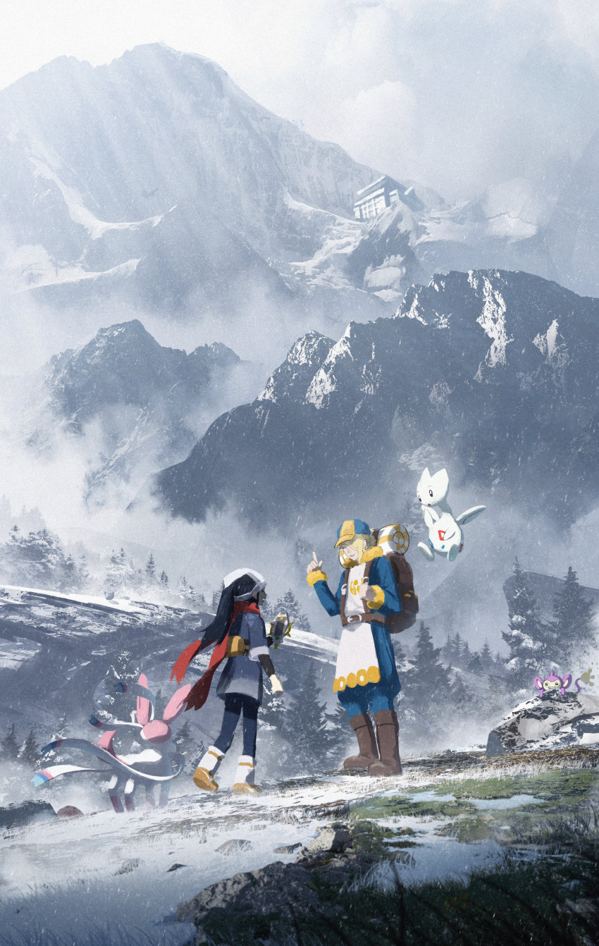 1boy, 1girl, absurdres, aipom, akari_(pokemon), arc_phone, asteroid_ill, backpack, bag, baseball_cap, belt, black_bodysuit, black_hair, blonde_hair, blue_coat, blue_headwear, blue_kimono, blue_pants, bodysuit, boots, brown_belt, brown_footwear, building, closed_eyes, clouds, cloudy_sky, coat, commentary, day, fanny_pack, fog, full_body, fur-trimmed_coat, fur_trim, galaxy_expedition_team_survey_corps_uniform, ginkgo_guild_uniform, grass, grey_sky, hair_between_eyes, hair_over_one_eye, hat, head_scarf, highres, holding, holding_phone, index_finger_raised, japanese_clothes, kimono, long_hair, mountain, multicolored_clothes, multicolored_headwear, open_mouth, outdoors, pants, parted_lips, phone, pokemon, pokemon_(game), pokemon_legends:_arceus, ponytail, red_scarf, rock, scarf, scenery, short_hair, sky, smile, snow, standing, sylveon, tied_hair, togetic, tree, two-tone_headwear, volo_(pokemon), white_footwear, white_headwear, winter_clothes, yellow_headwear
