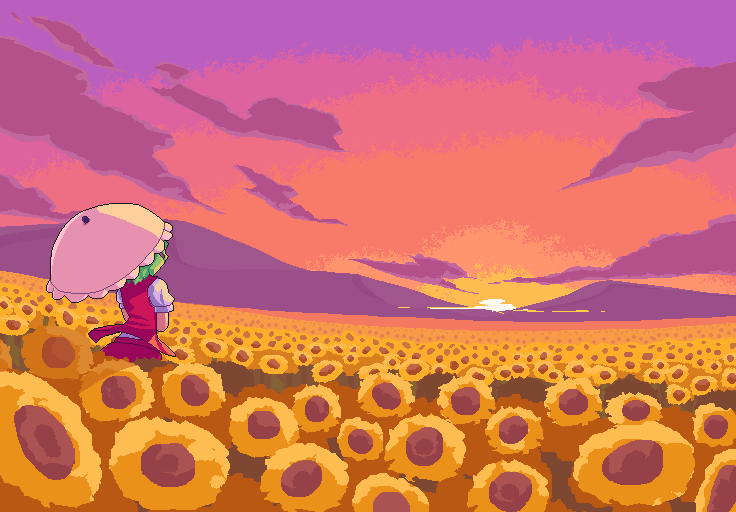 1girl, bangs, clouds, field, flower, flower_field, from_behind, gradient_sky, green_hair, holding, holding_umbrella, kazami_yuuka, outdoors, pink_umbrella, pixel_art, potemki11, red_vest, shirt, short_hair, short_sleeves, sky, solo, standing, sunflower, sunset, touhou, umbrella, vest, white_shirt