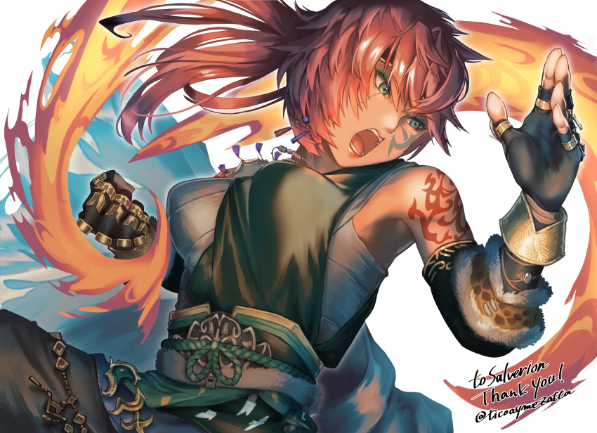 1girl, absurdres, avatar_(ff14), breasts, clenched_hand, commission, commissioner_upload, eyebrows_visible_through_hair