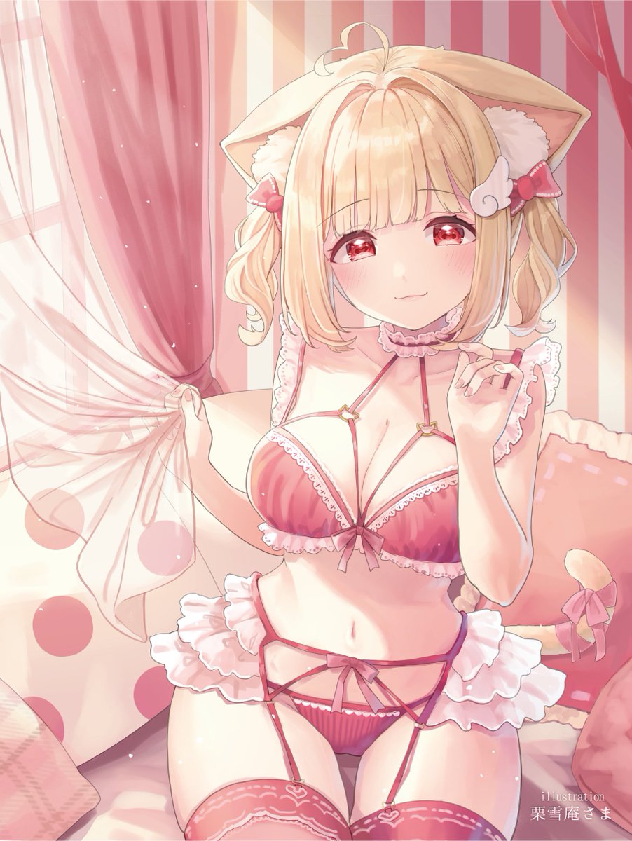 1girl, ahoge, animal_ear_fluff, animal_ears, bangs, bedroom, blonde_hair, blunt_bangs