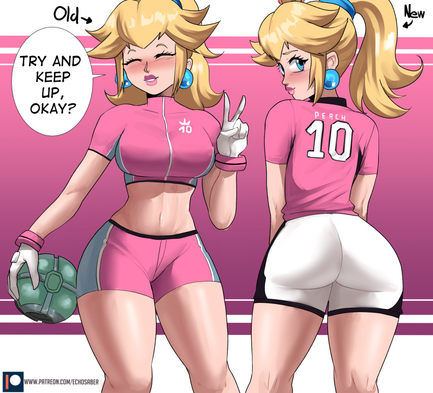 1girl, absurdres, ass, ass_focus, ball, blonde_hair, blue_eyes, breasts, crop_top, crown, earrings, echo_saber, from_behind, gloves, highres, jewelry, long_hair, looking_at_viewer, looking_back, mario_strikers:_battle_league, mario_strikers_charged, midriff, navel, ponytail, princess_peach, shorts, soccer, soccer_ball, solo, super_mario_bros., thighs