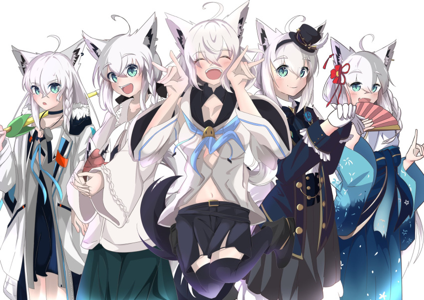 5girls, ahoge, animal_ear_fluff, animal_ears, ascot, bangs, black_choker, black_dress