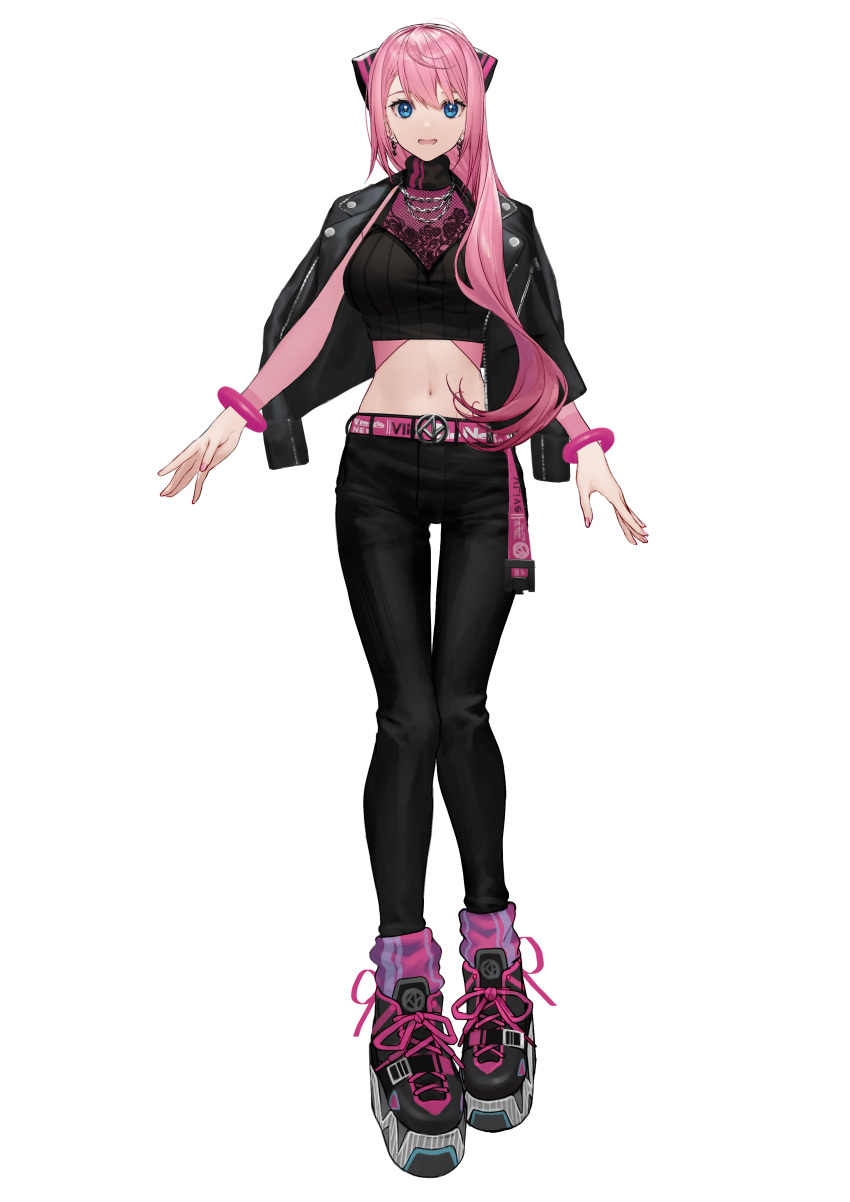 1girl, absurdres, blue_eyes, bracelet, crop_top, full_body, highres, jewelry, long_hair, midriff, mokuroku, navel, official_art, pale_skin, pants, pink_hair, shindo_shirube, shoes, sneakers, solo, takubon, very_long_hair, white_background