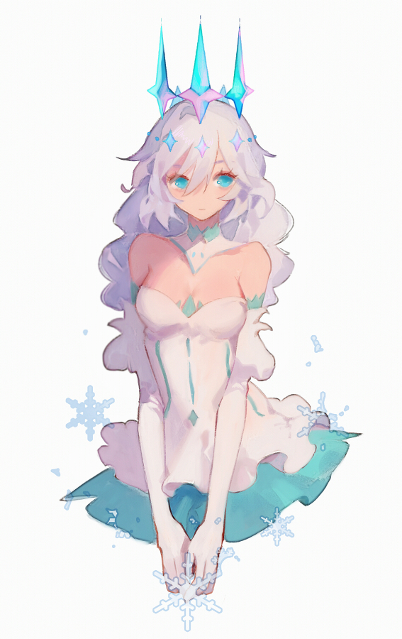 1girl, bangs, bare_shoulders, blue_eyes, braid, closed_mouth, crown, dress, elbow_gloves, gloves, honkai_(series), honkai_impact_3rd, kiana_kaslana, kiana_kaslana_(divine_prayer), kiana_kaslana_(winter_princess), long_hair, looking_at_viewer, satsuya, simple_background, snowflakes, solo, strapless, strapless_dress, twin_braids, white_background, white_dress, white_gloves, white_hair