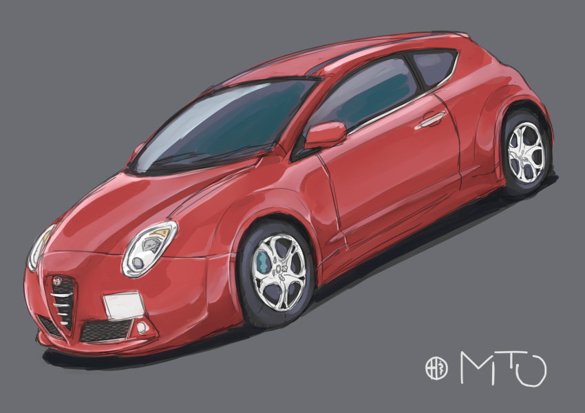 alfa_romeo, alfa_romeo_mito, car, commentary_request, dutch_angle, grey_background, ground_vehicle, highres
