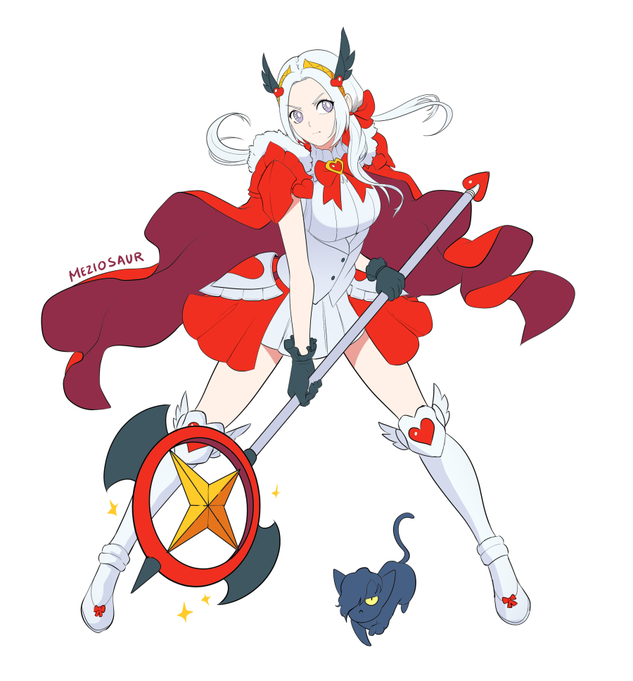 1girl, animal, blush, bow, breasts, cape, cat, dress