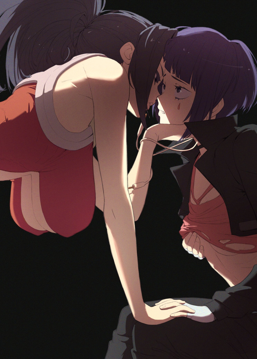 2girls, arm_support, audio_jack, bangs, black_background, black_hair, black_jacket, black_pants