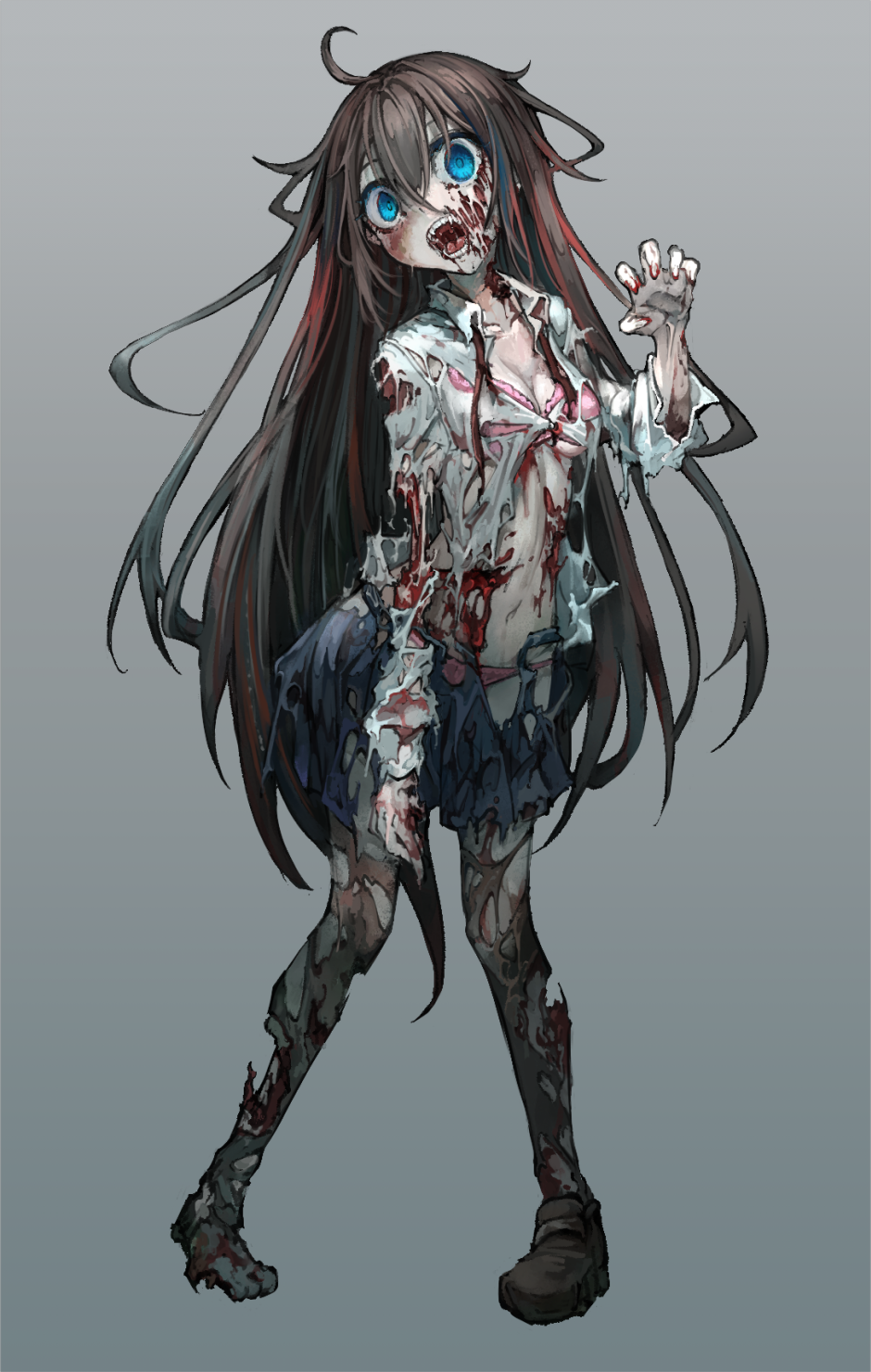 1girl, black_legwear, blank_stare, blood, blood_on_clothes, blood_on_face, blood_on_hands, blood_on_leg