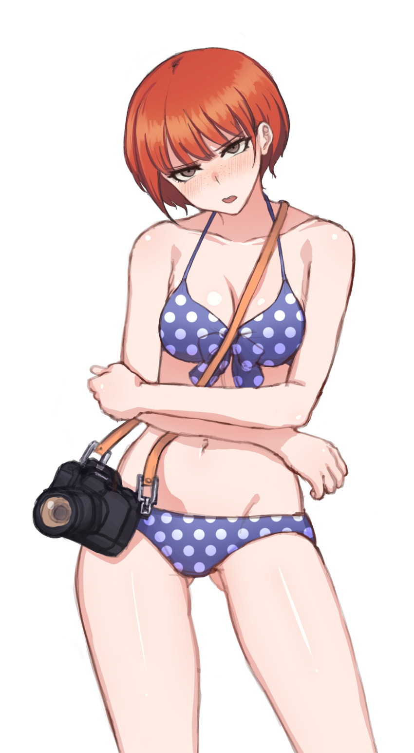 1girl, absurdres, blush, breasts, camera, crossed_arms, danganronpa_(series), danganronpa_2:_goodbye_despair, embarrassed, freckles, green_eyes, head_tilt, highres, koizumi_mahiru, looking_at_viewer, medium_breasts, navel, open_mouth, polka_dot, polka_dot_swimsuit, redhead, seongkun_(agn000), short_hair, simple_background, solo, swimsuit, white_background