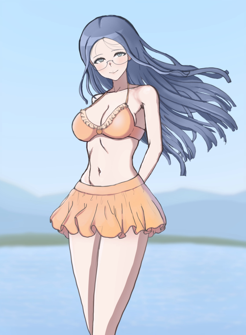 1girl, bangs, blue_eyes, blue_hair, blurry, blurry_background, blush, breasts