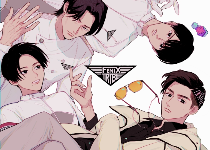 4boys, coat, fenix_uniform, from_side, glasses, gloves, hand_on_another's_shoulder, igarashi_daiji