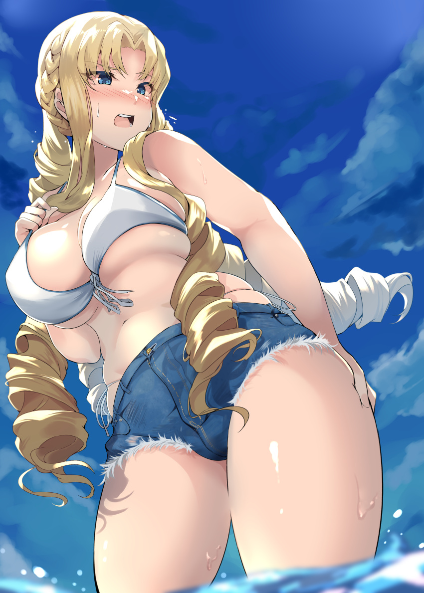 1girl, absurdres, bikini, blonde_hair, blue_eyes, breasts, drill_hair, endou_(zettai_bluenoid), highres, large_breasts, long_hair, marguerite_pistail, quad_drills, super_robot_wars, swimsuit