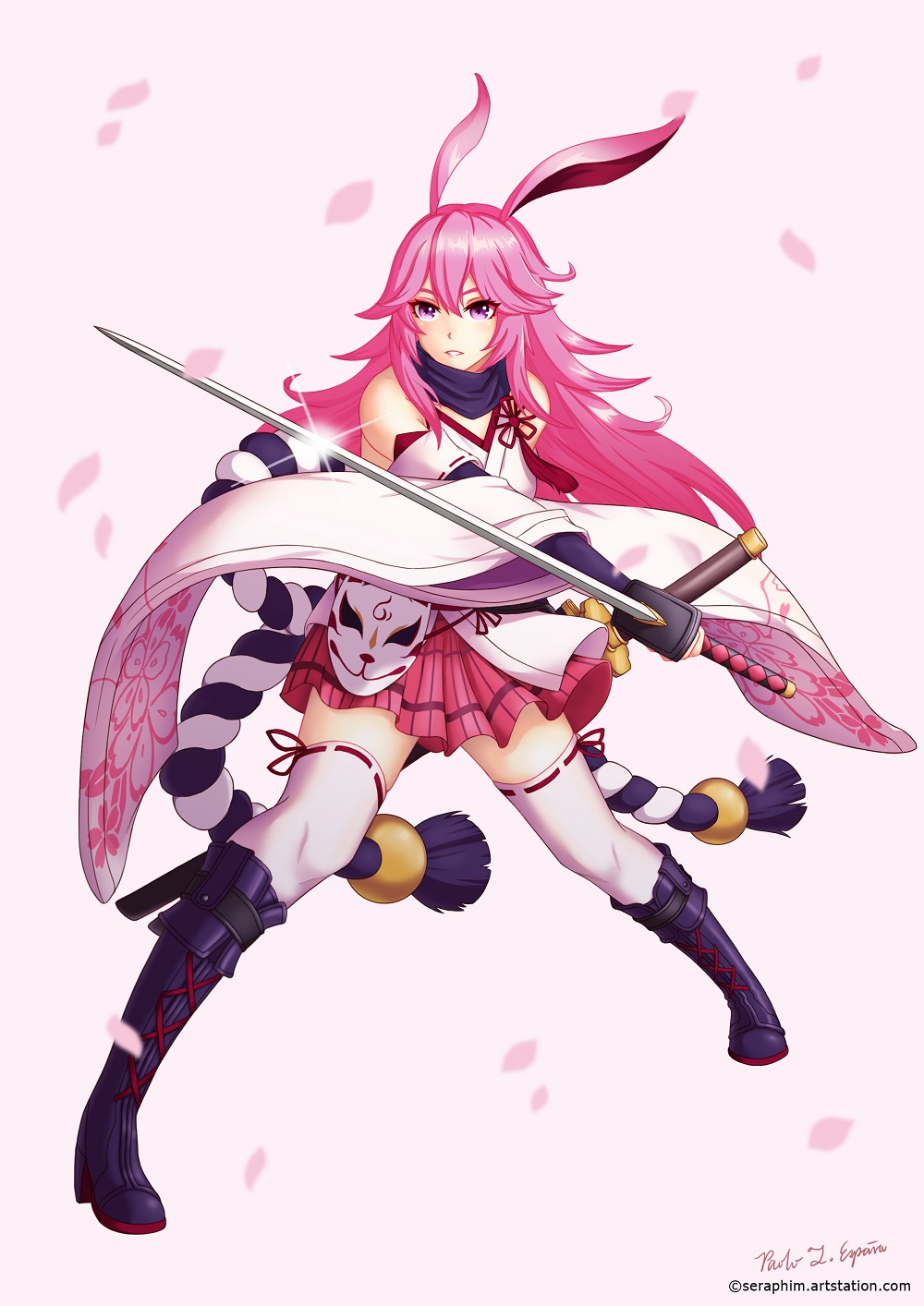 1girl, animal_ears, artist_name, bangs, bare_shoulders, boots, fox_ears, fox_mask