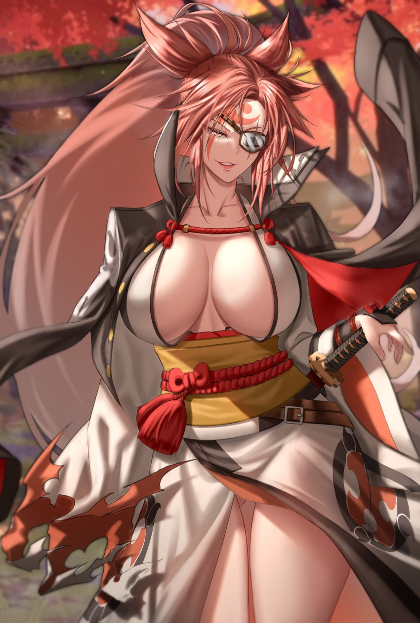 1girl, anima_(togashi), baiken, bangs, blurry, blurry_background, branch, breasts
