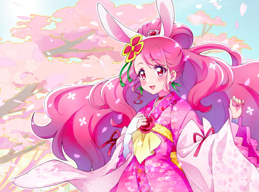 1girl, :d, alternate_costume, animal_ears, asymmetrical_bangs, bangs, blush, commentary_request, cure_grace, cure_grace_(partner_form), detached_sleeves, earrings, extra_ears, eyebrows_visible_through_hair, floating_hair, hanadera_nodoka, healin'_good_precure, highres, japanese_clothes, jewelry, kimono, kyoutsuugengo, long_hair, long_sleeves, pink_hair, pink_kimono, precure, rabbit_ears, red_eyes, red_ribbon, ribbon, ribbon-trimmed_sleeves, ribbon_trim, shiny, shiny_hair, smile, solo, spring_(season), standing, textless, very_long_hair, white_sleeves, wide_sleeves, yukata