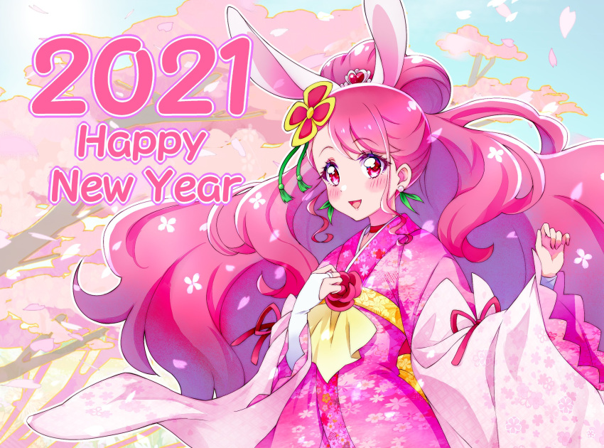 1girl, 2021, :d, alternate_costume, animal_ears, asymmetrical_bangs, bangs, blush