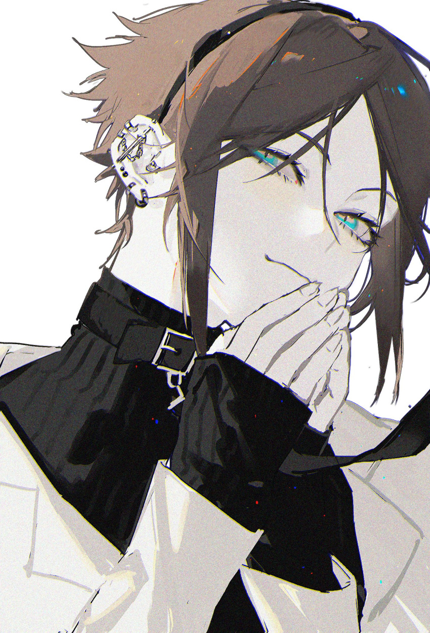 1boy, bangs, black_collar, black_hairband, black_sweater, blue_eyes, collar, ear_piercing