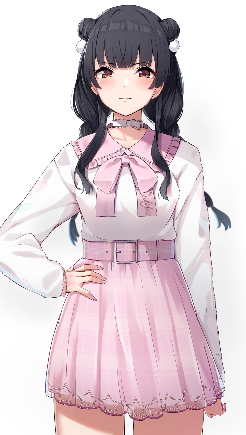 1girl, bangs, belt, black_hair, blouse, blunt_bangs, blush, braid