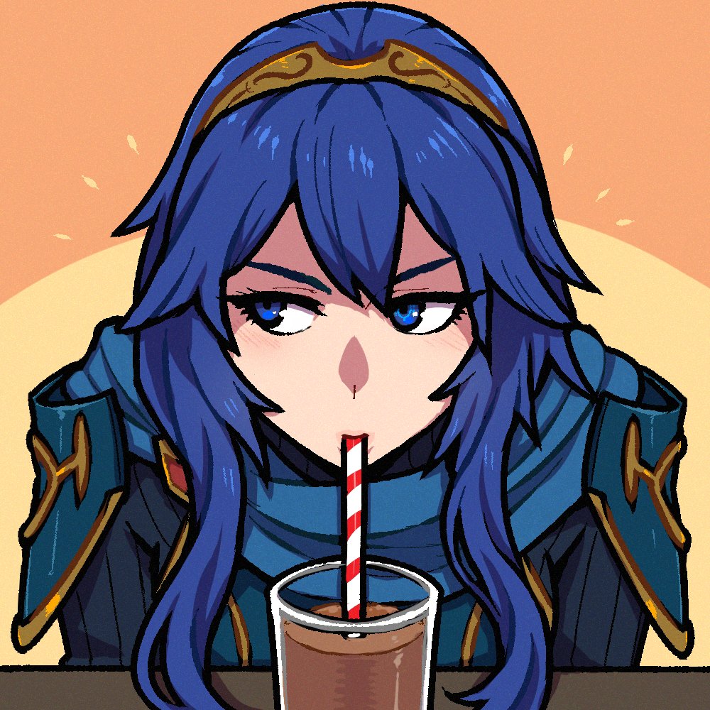 1girl, akairiot, armor, bangs, blue_eyes, blue_hair, chocolate_milk, drinking, drinking_straw, drinking_straw_in_mouth, fire_emblem, fire_emblem_awakening, glass, long_hair, looking_to_the_side, lucina_(fire_emblem), milk, shoulder_armor, simple_background, solo, symbol-shaped_pupils, symbol_in_eye, tiara