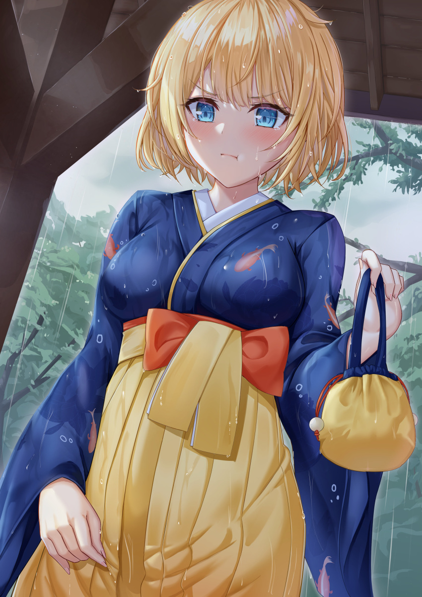 1girl, absurdres, annoyed, bag, bangs, blonde_hair, blue_eyes, blue_kimono