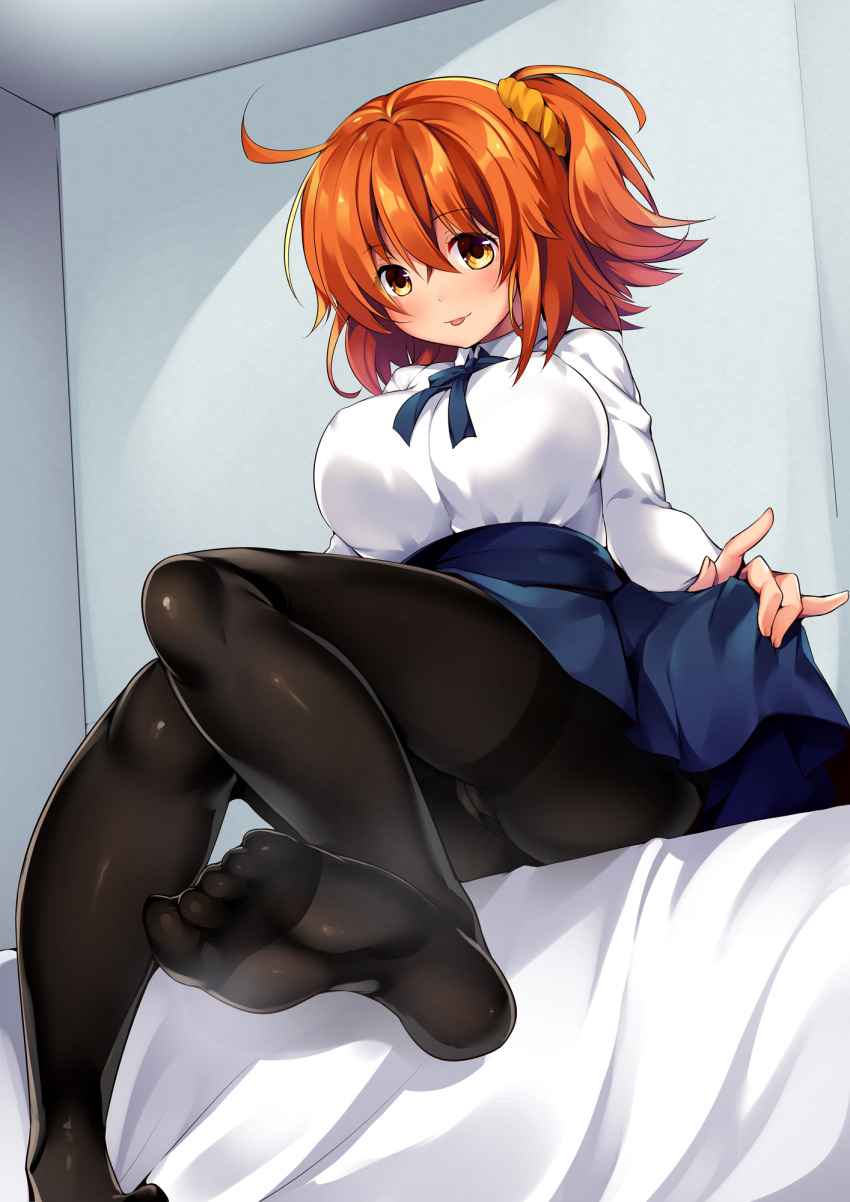 1girl, :p, ahoge, black_legwear, blue_bow, blue_bowtie, blue_skirt, bow
