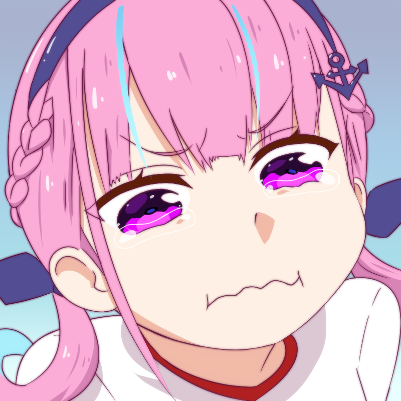 1girl, aqua_(konosuba), commentary_request, crying_aqua_(meme), eyebrows_visible_through_hair, gillisk, gym_uniform, hairband, hololive, meme, minato_aqua, namesake, purple_hair, tearing_up, violet_eyes, virtual_youtuber, wavy_mouth