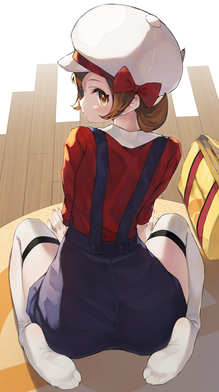1girl, absurdres, ass, back, bright_pupils, brown_eyes, brown_hair, from_above