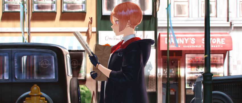 1girl, bag, black_gloves, black_jacket, car, city, closed_mouth, commentary_request