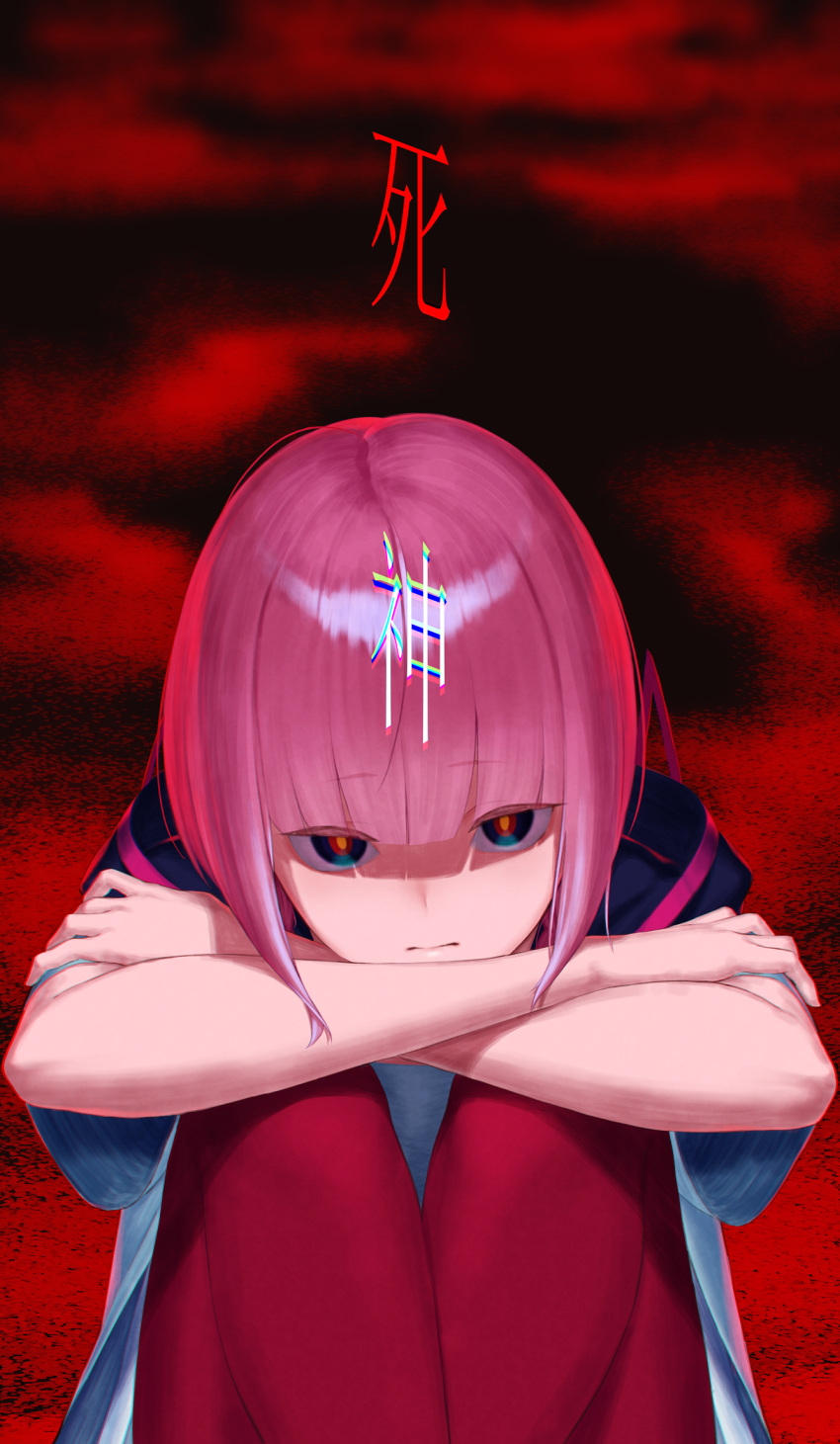 1girl, bangs, blue_eyes, closed_mouth, commentary_request, crossed_arms, expressionless, eyebrows_visible_through_hair
