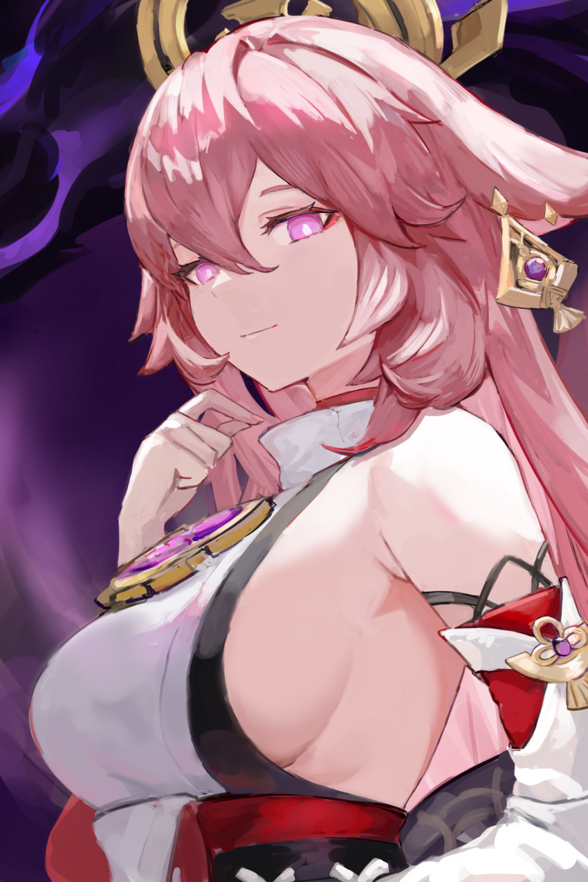 1girl, animal_ears, breasts, bright_pupils, detached_sleeves, earrings, english_commentary, fox_ears