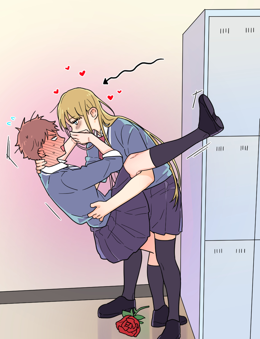 2girls, assertive_female, black_legwear, black_skirt, blocking_kiss, blonde_hair, blue_eyes, blush