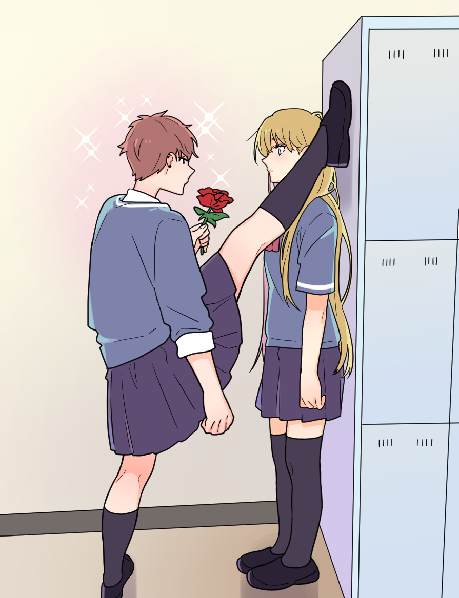 2girls, blonde_hair, blue_eyes, brown_eyes, brown_hair, curryuku, eyebrows_visible_through_hair, flower, foot_against_wall, hanna_schulerin, holding, holding_flower, kabedon, locker, multiple_girls, not_so_shoujo_love_story, rei_(not_so_shoujo_love_story), sparkle, split, standing, standing_on_one_leg, standing_split, yuri