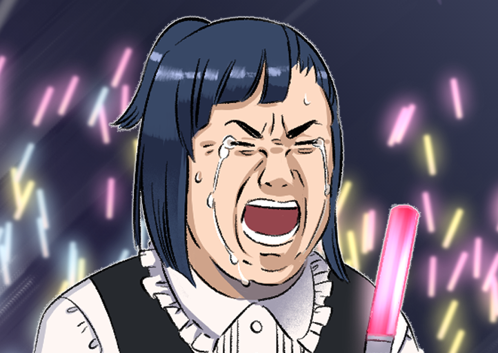 1girl, bangs, black_vest, blue_hair, collared_shirt, crying, frilled_shirt_collar, frills, glowstick, kiryuuin_aoi, meme, oota_kuniyoshi_face_(meme), open_mouth, ponytail, puzzle157xxx, shirt, short_hair, solo, tears, teeth, umamusume, upper_body, vest, white_shirt