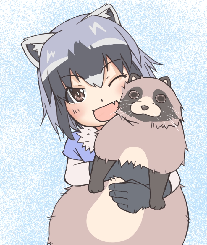 1girl, animal, animal_ears, bangs, blue_sweater, brown_eyes, commentary_request, common_raccoon_(kemono_friends)
