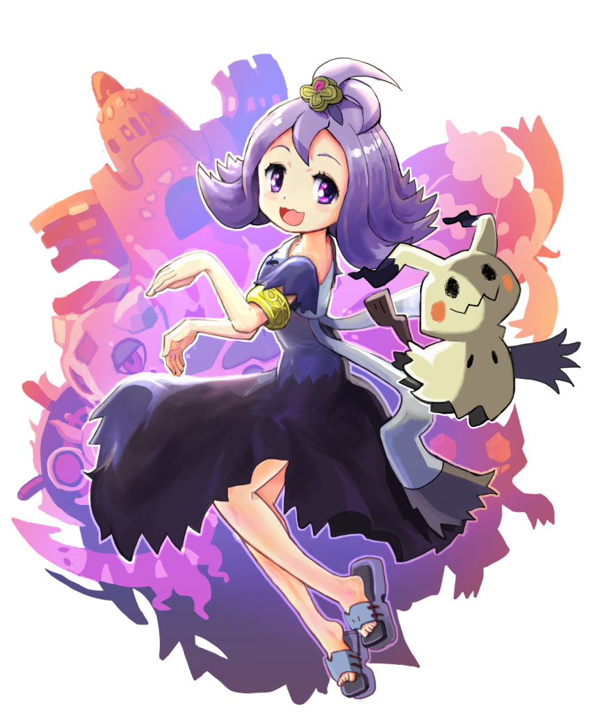 1girl, :3, acerola_(pokemon), antenna_hair, armlet, bangs, blue_footwear, blush, blush_stickers, commentary, dhelmise, dress, drifblim, flat_chest, froslass, full_body, hair_ornament, hands_up, happy, highres, light_blush, looking_back, looking_to_the_side, menome, mimikyu, open_mouth, outline, palossand, pokemon, pokemon_(creature), pokemon_(game), pokemon_sm, purple_dress, purple_hair, sableye, sandals, shiny, shiny_hair, short_hair, short_sleeves, smile, solo_focus, violet_eyes, white_background, white_outline