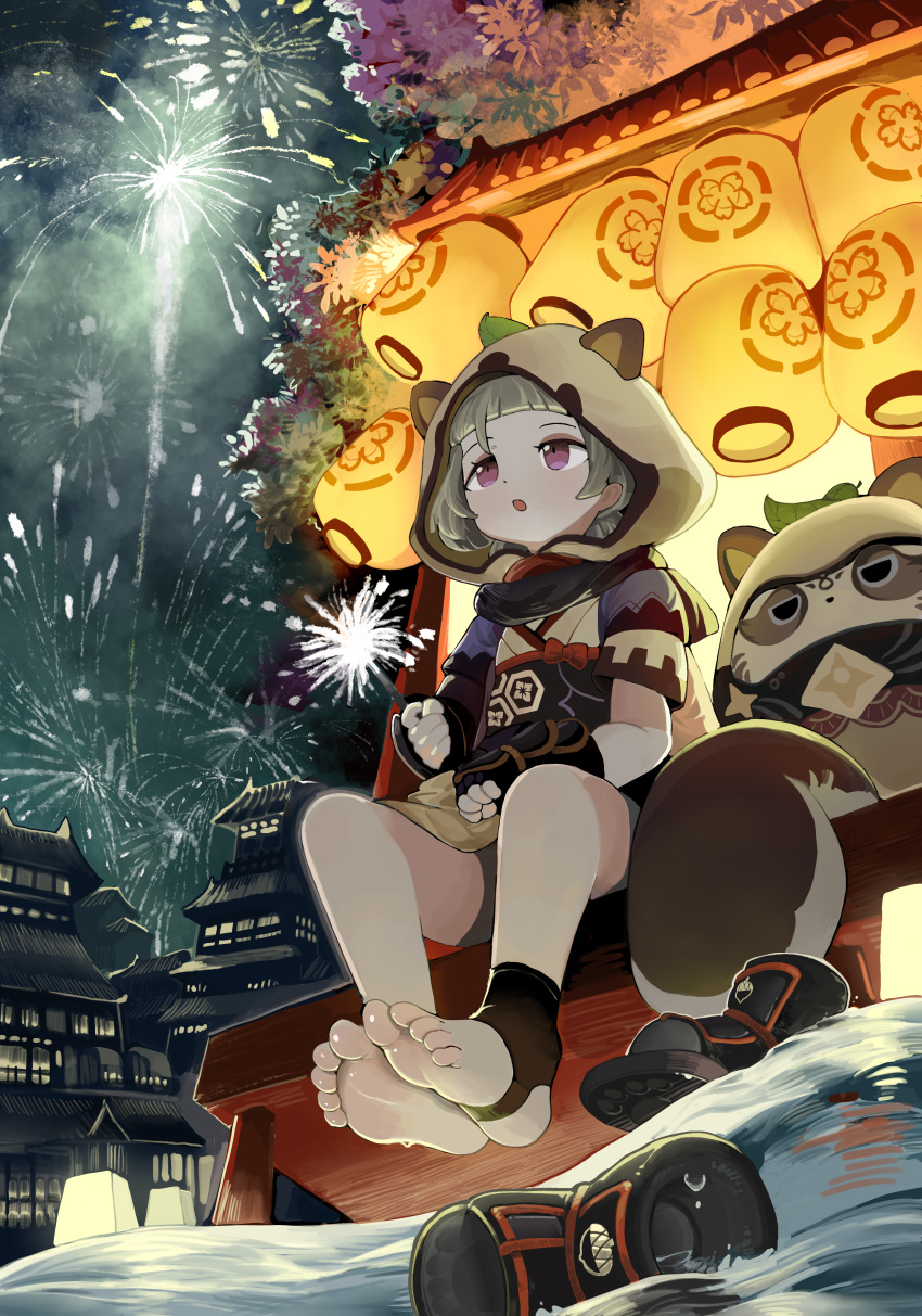 1girl, absurdres, aerial_fireworks, animal_ears, animal_hood, barefoot, black_scarf, daruma_doll, feet, firework_background, fireworks, genshin_impact, highres, hood, hoodie, japanese_clothes, lantern, leaf, leaf_on_head, menthako, open_mouth, raccoon_ears, raccoon_hood, raccoon_tail, sayu_(genshin_impact), scarf, shoes, shoes_removed, short_hair, soles, tail, water