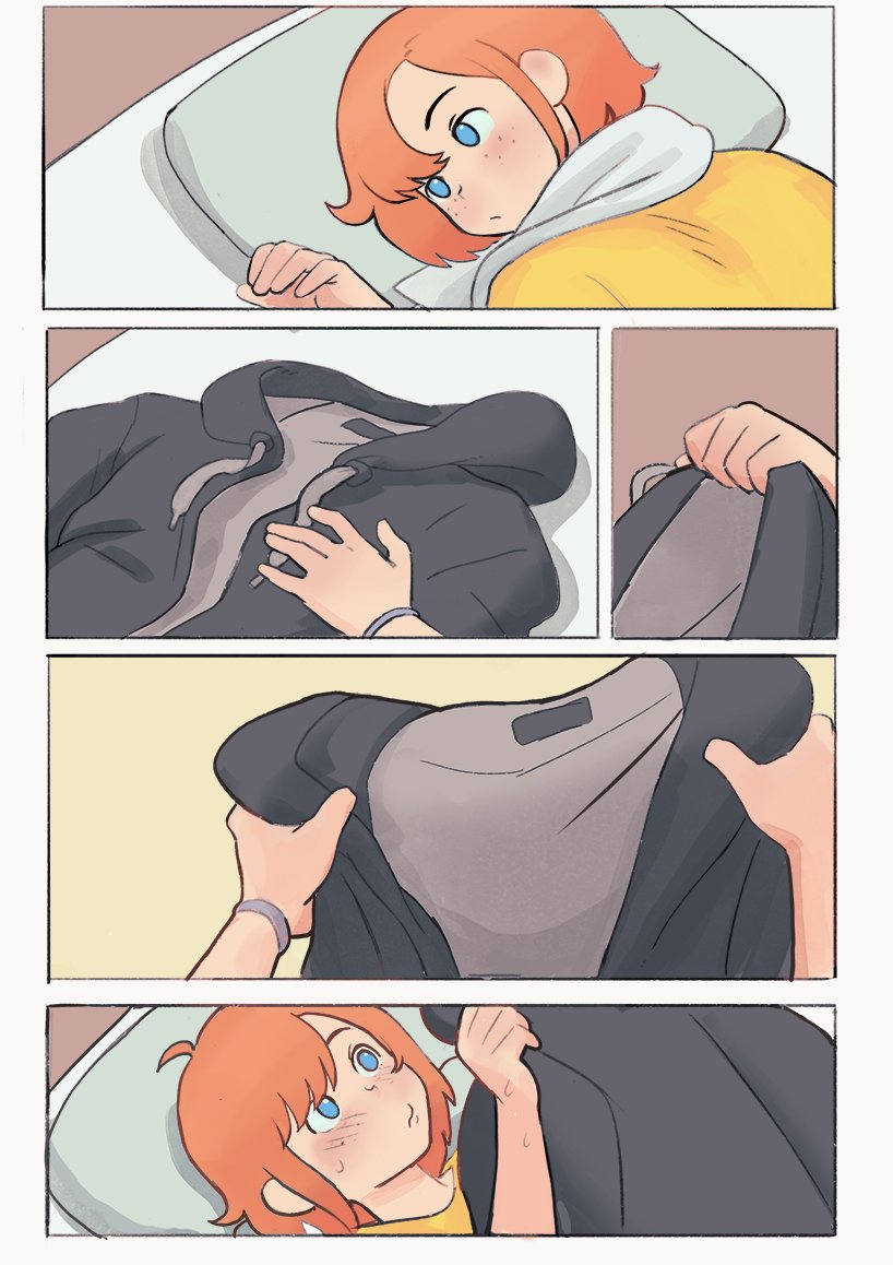 1girl, bed, blue_eyes, blush, colo_(nagrolaz), english_commentary, freckles, holding