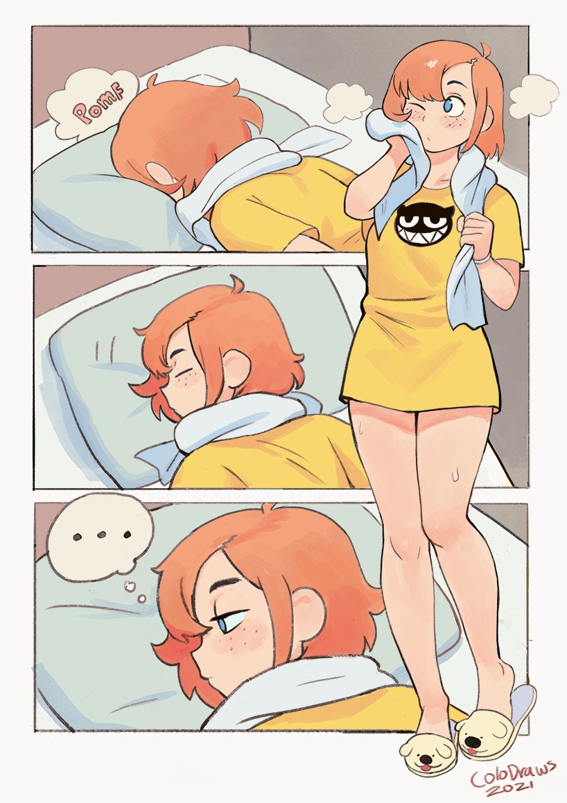 ..., 1girl, bed, blue_eyes, blush, colo_(nagrolaz), english_commentary, freckles, pillow, pomf, redhead, rita_(sweethex), shirt, short_hair, signature, slippers, solo, spoken_ellipsis, sweethex, thought_bubble, towel, towel_around_neck