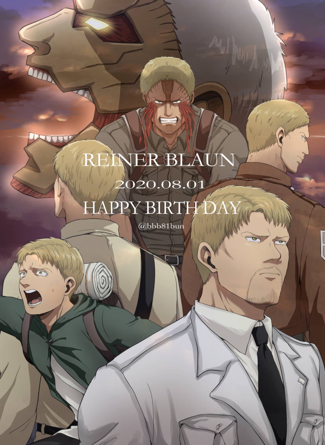 1boy, age_progression, armored_titan, black_necktie, brown_jacket, bun_(bbb81bun), child, english_text